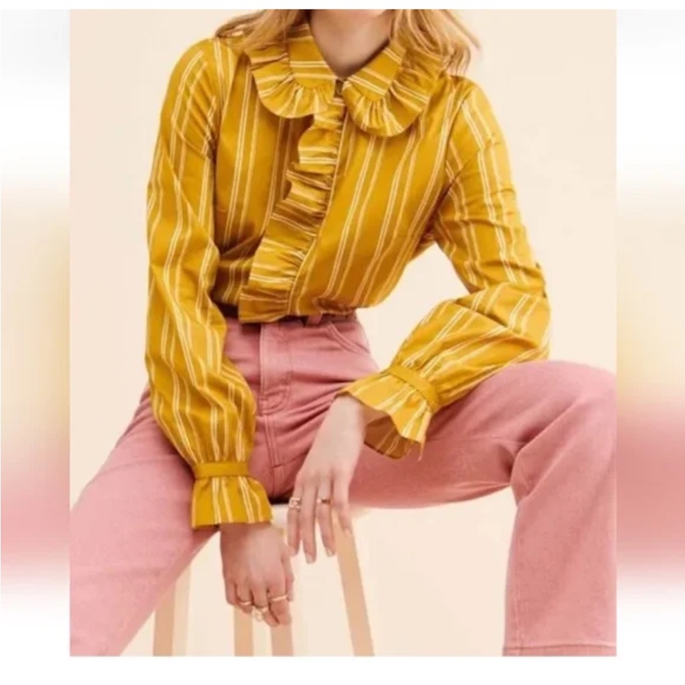 Free People Mustard Striped Ruffle Blouse